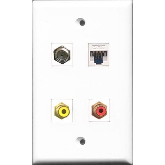 RiteAV 1 Port RCA Red and 1 Port RCA Yellow and 1 Port Coax Cable TV- F-Type and 1 Port Cat5e Ethernet White Wall Plate