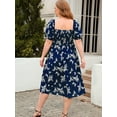thumbnail image 3 of Robe Décontractée Grande Taille pour Femmes, Imprimé Floral, Froncée, Bord Laitue, Manches Bouffantes, Encolure Carrée, Légèrement Extensible, Robe Midi, 3 of 7