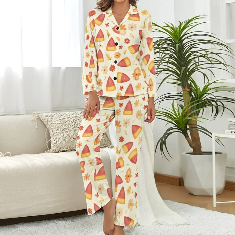 ZZZHY Charming Candy Corn Little Flowers 20 Print Pajamas for Women Set Button down Silk Pajamas for Women womens Pajama Sets Walmart