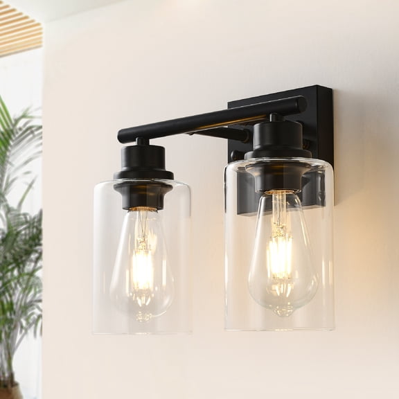 2-Light Black Wall Lamps with Clear Glass Shades, Modern Wall Sconce for Bedroom, Hallway