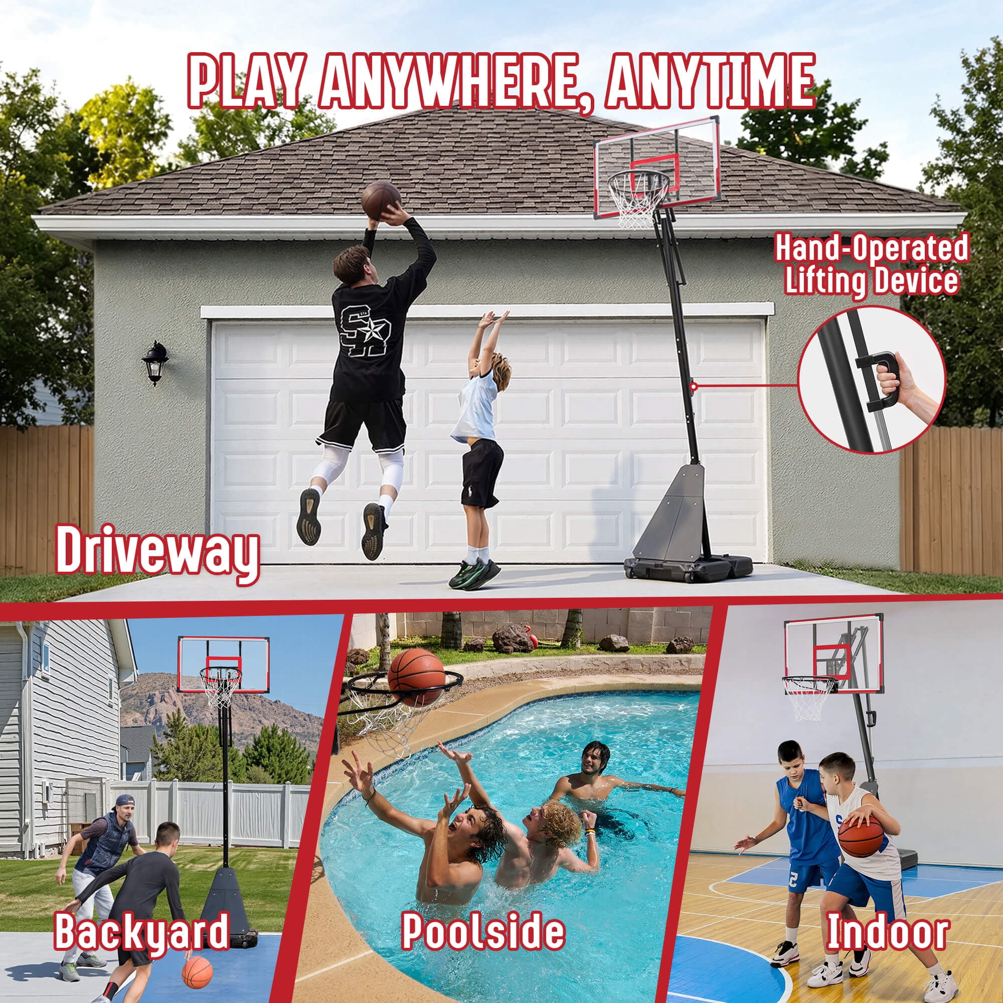 SERAY Basketball Hoop with 4.9-10 feet Height Adjustable for Kids/Adults, Portable Basketball Goal with 44 inch Backboard and 2 Wheels for Outdoor/Indoor Sports