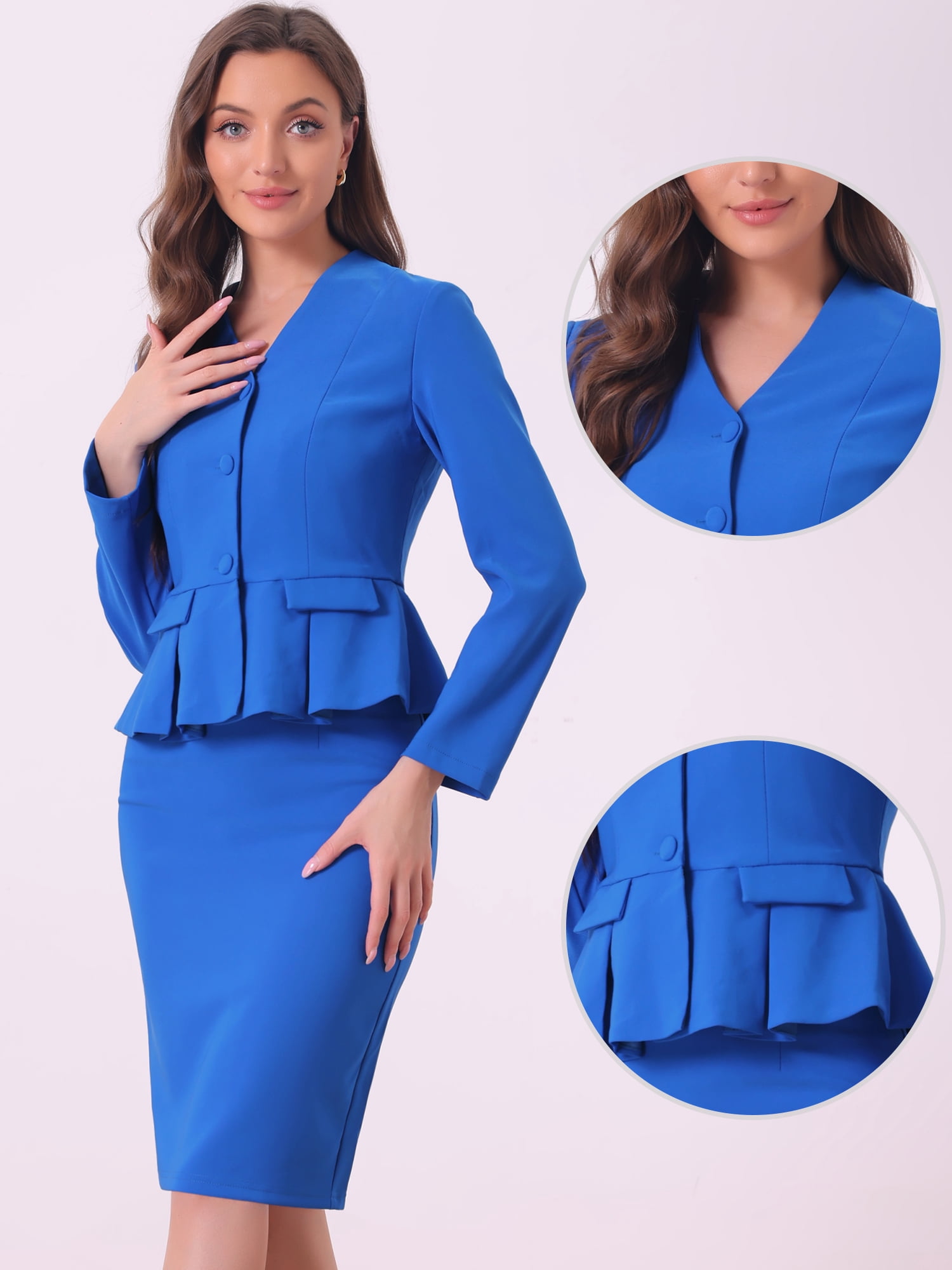 DARING DIVA Women's Collarless Peplum Blazer Sheath Skirts 2 Pcs Suit Set XL Royal Blue
