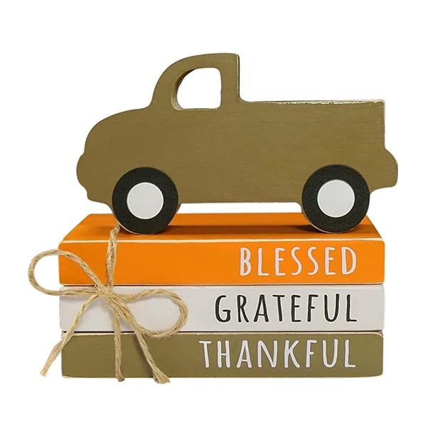 Decoración de otoño, estatua de coche de Acción de Gracias, libros de madera, adorno decorativo para estantería para bienvenida a