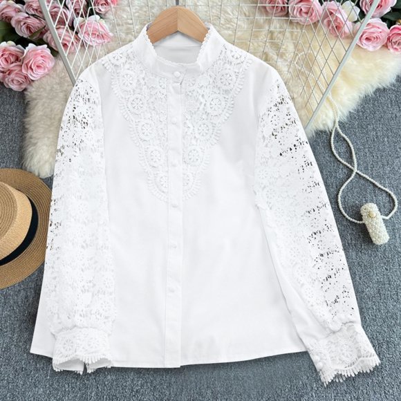 Jienlioq Long Sleeve Shirts for Women Women’s Elegant Lace Shirts Solid Color Round Neck Casual Blouse Long Sleeve Button Down Tops White S