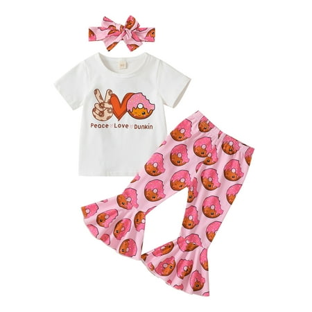 

Toddler Baby Girls Summer Outfit Sets Short Sleeve Letter Print Tops Donut Print Flared Pants Headband Clothes Suit
