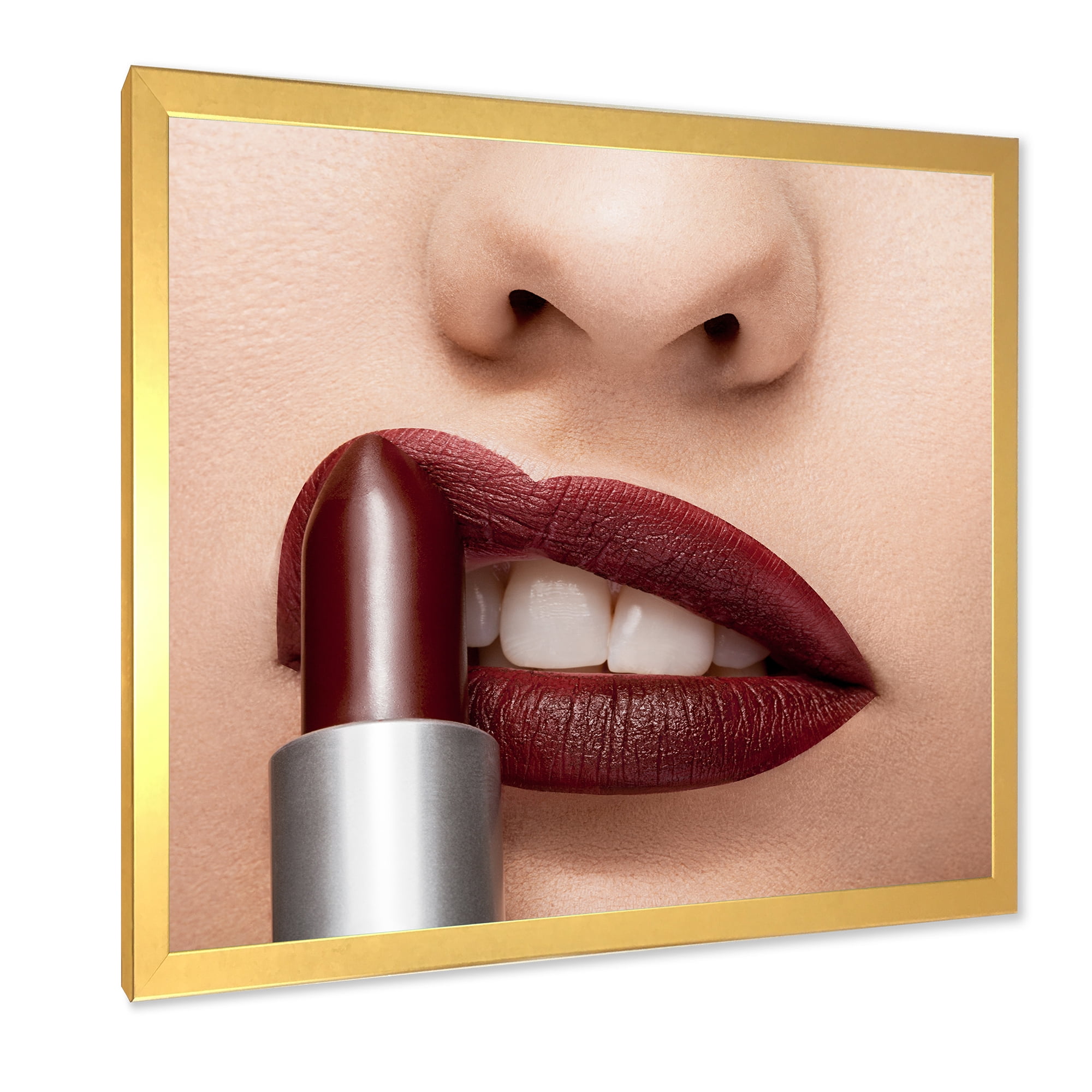 Designart 'Red Lipstick Getting Applyed On Woman Lips' Modern Framed Art Print