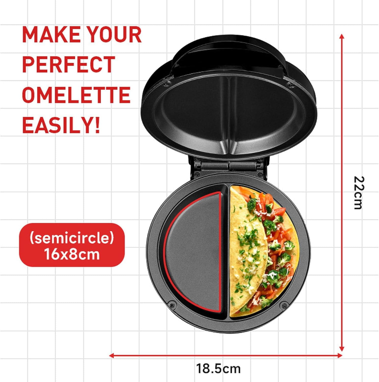 Electric Omelette Maker - Dual-Zone 1000W Double-Sided Egg Cooker with Non-Stick Plates, Indicator Lights, Cool-Touch Handle, Compact Breakfast Maker for Two Omelettes