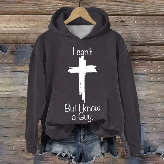 Baqcunre Long Sleeve T Shirt Women's Casual I Can'T But I Know A Guy Printed Long Sleeve Sweatshirt Fun Sweatshirt Shirt Workout Tops Plus Size Tops Grey XL