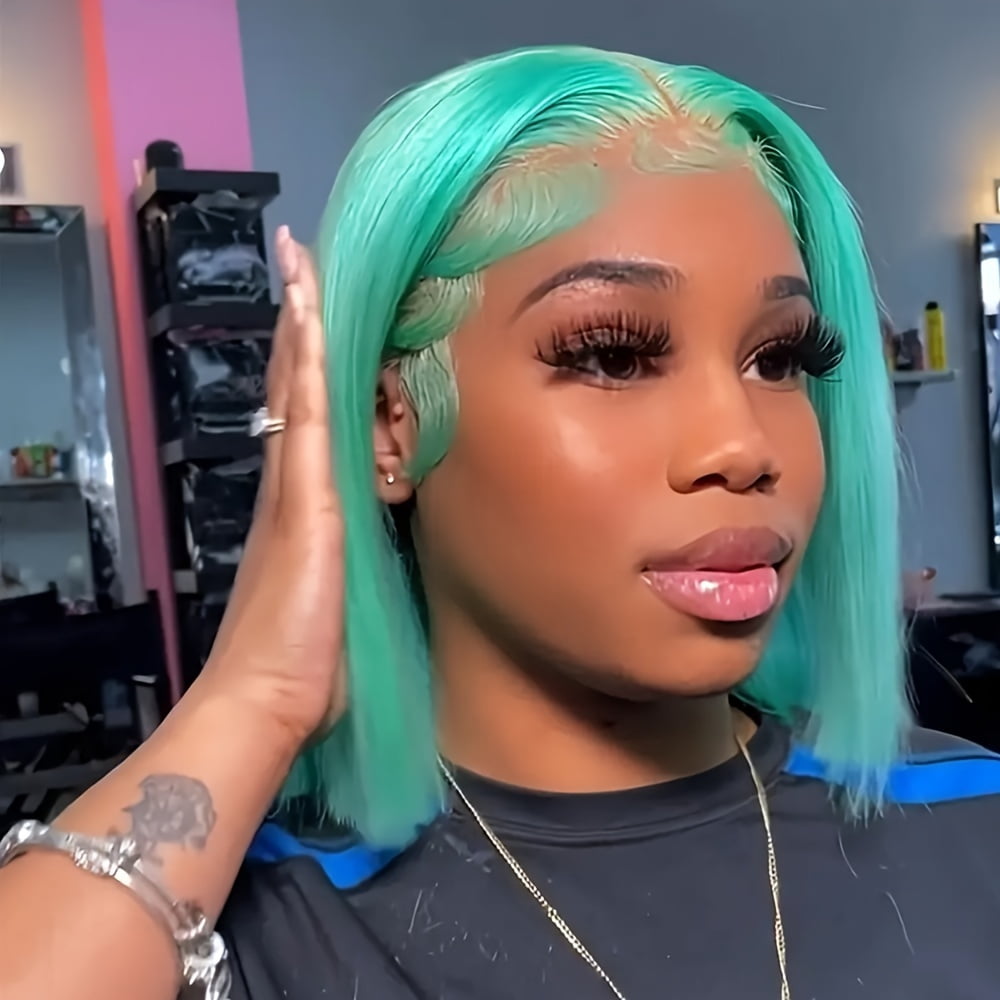 Mscathy Blue Green Colored Double Drawn Remy Brazilian Hair Lace Part Wig With Natural Hairline Short Bob 100% Human Hair 13x4x1 Middle Part Wigs Pre Plucked 180% Density