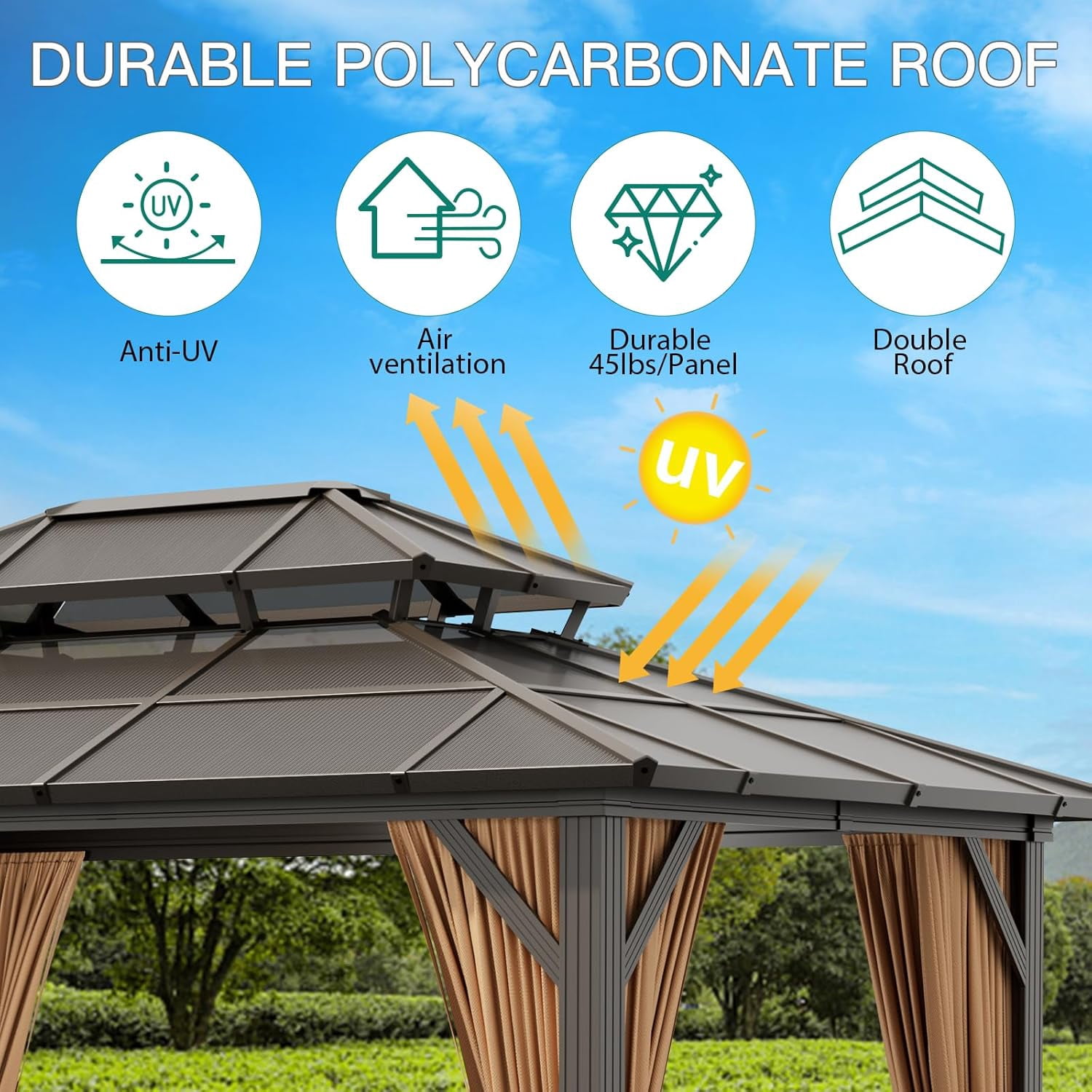2025 New 10'x13' Hardtop Gazebo, Outdoor Polycarbonate Double Roof Canopy, Aluminum Frame Permanent Pavilion with Curtains and Netting, Sunshade for Garden, Patio, Lawns