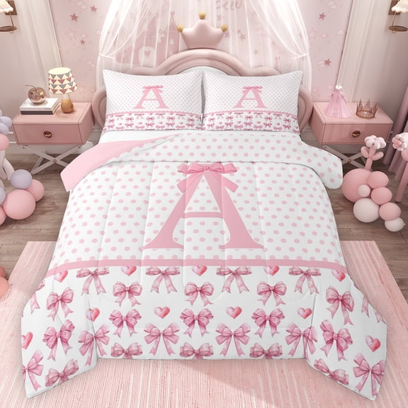 Feelyou Initial A Letter Twin Comforter Sets, Kids Pink Bow-tie Bowknot Bedding Set, 2pcs
