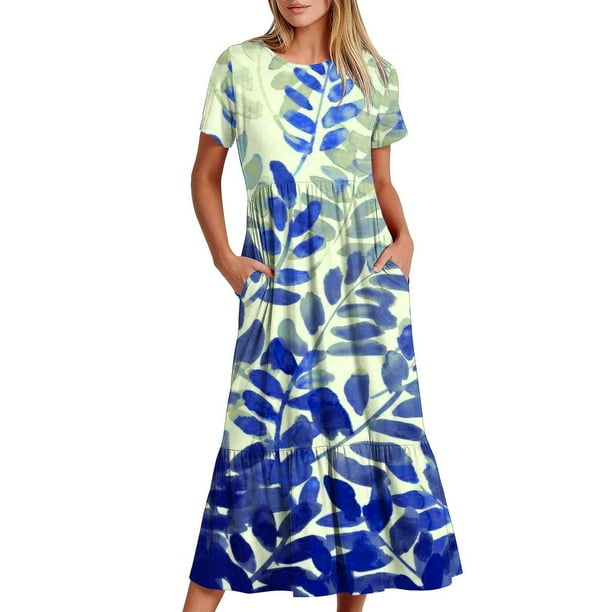 Vestido de Manga Corta para Mujeres Vestido de Verano de Cuello Redondo Impreso, Poliéster de Tamaño Verdadero Diario Y Vestido de Fiesta
