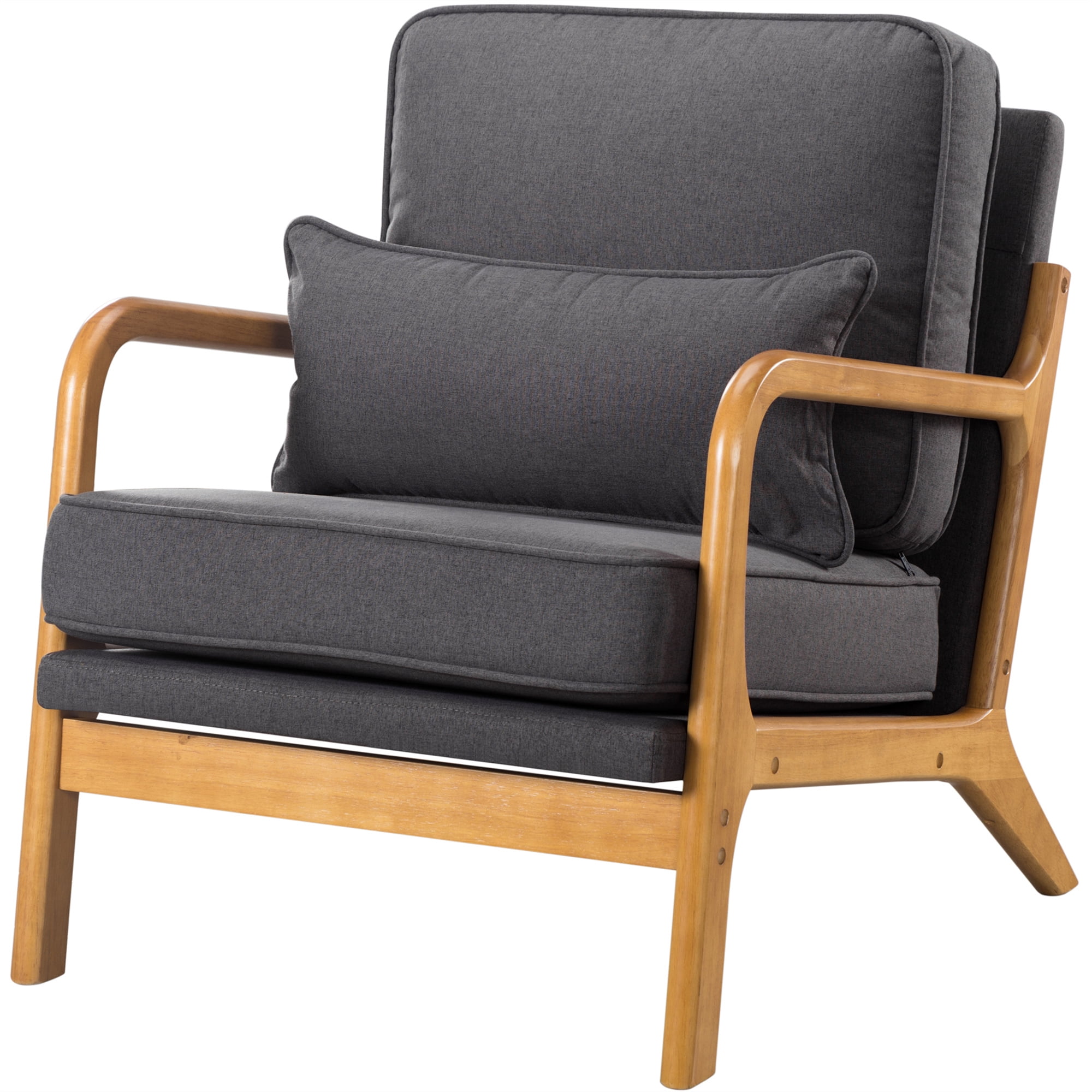 Aukfa Modern Accent Chair w/ Lumbar Pillow for Living Room, Mid Century, Wood Frame, Linen, Gray