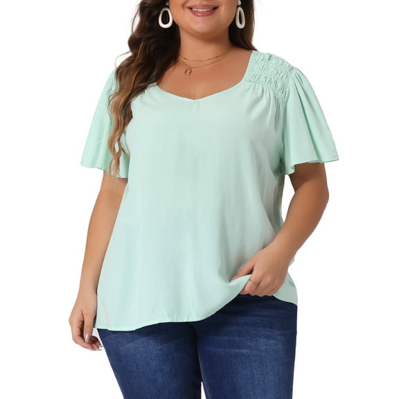 DARING DIVA Women's Plus V Neck Ruffle Sleeve Smocked Shoulder Blouse 1X Light Green