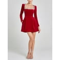 thumbnail image 4 of Women'S Velvet Bodycon Midi Dresses Elegant Long Sleeve Square Neck Ruffle Hem Cocktail Party Dress Red M, 4 of 9