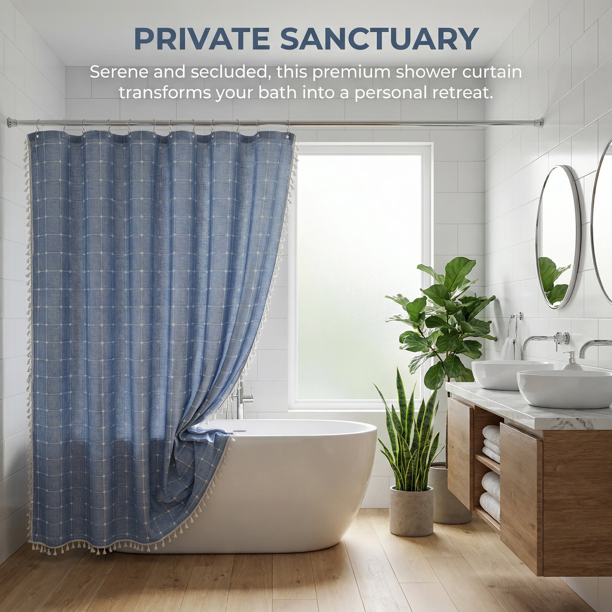 Unique Bargains Boho Plaid Blend Shower Curtain Sets with Hooks Blue 72"W x 72"L