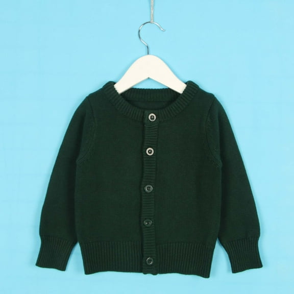 Girls Cotton Cardigan Long Sleeve Kid Button Crew Neck Sweater Cardigans (Dark Green 7-8 Years)