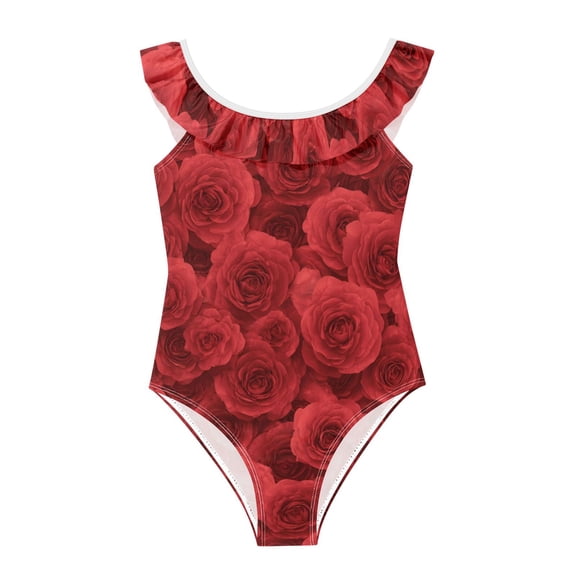 Girls Ruffled One Piece Swimsuit Summer Beach Vacation Swimwear Tank Swimsuit Romantic Red Roses in Rows