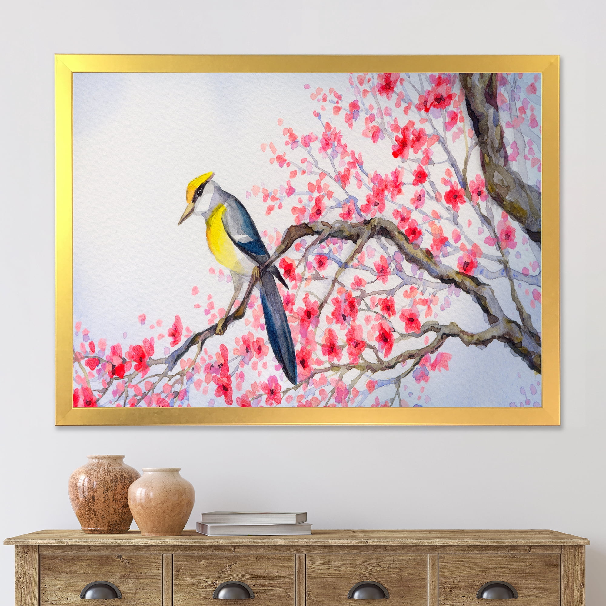 Beautiful Red Bird Sitting On Flowering Branch II 40 in x 30 in Framed Painting Canvas Art Print, by Designart
