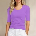 thumbnail image 2 of WMNTST Women's T-Shirts Crew Low Neck Elbow-Length Sleeve Solid Color Slim Fit Basic Elegant Tee Shirts For Summer, 2 of 4