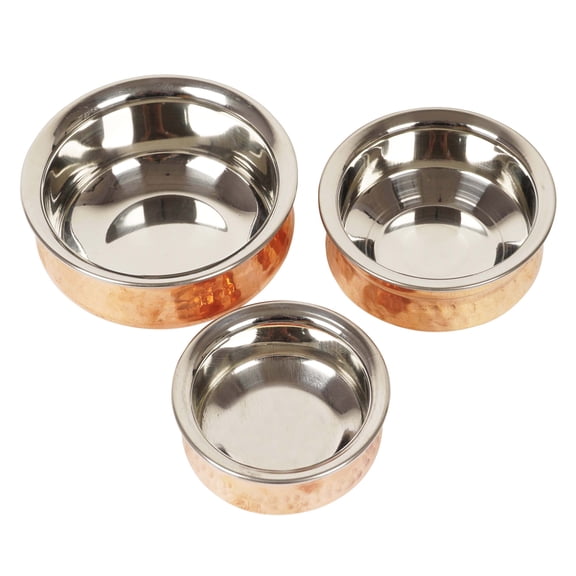Trifri Indian Authentic Dinnerware Copper W/ Stainless Steel Handi Set of 3 Hammered Design Serving Bowl 550ml , 850ml, 1400ml Stainless Steel Copper Bottom Pot