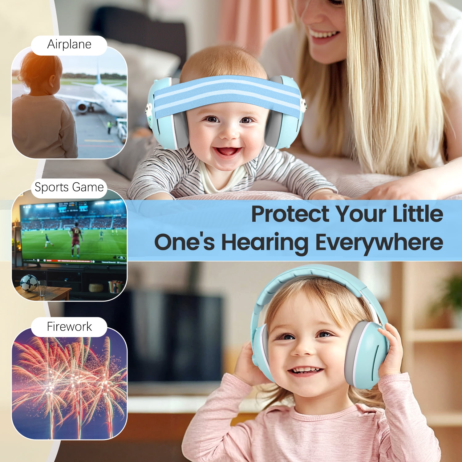 UQN 2-in-1 Baby Ear Muffs Noise Protection,Noise Canceling Headphones for Baby & Toddler 0-12-36 Months, Infant Ear Protection in Plane, Adjustable Headband,Improves Sleep - Blue