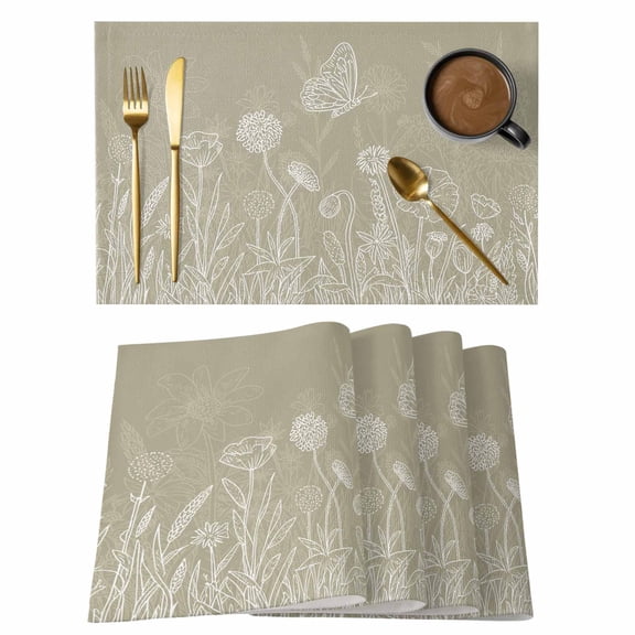 Green Brown Wildflowers Placemats Set of 8, Modern Floral Butterfly Plant Placemats for Dining Table, Place Mats for Kitchen Tabletop, Waterproof Wipeable Dining Table Mats Set