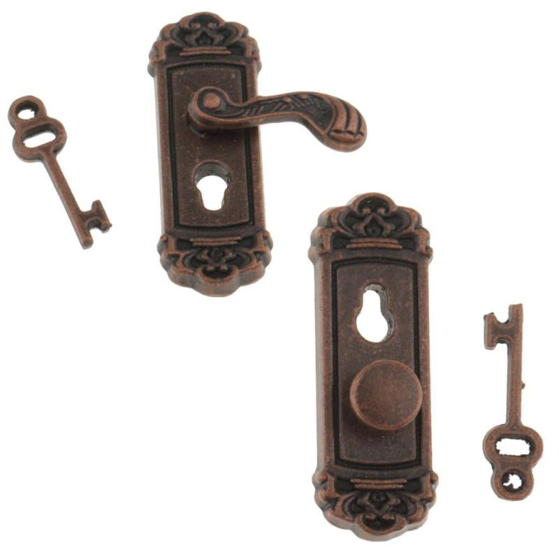 4 Pairs Dollhouse Miniature Bronze Right Door Knobs Handles w/Keys DIY Items 