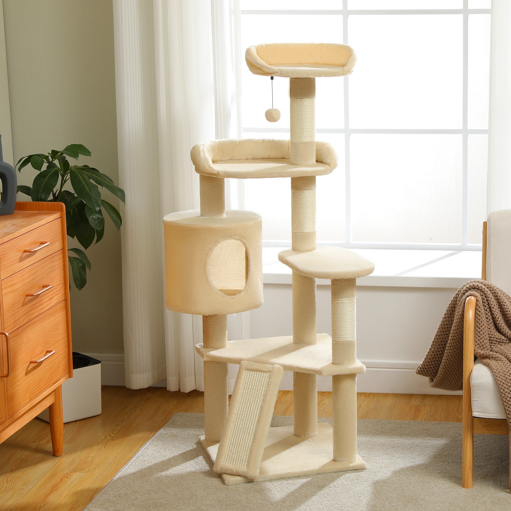 resenkos 51" Cat Tree Tower for Indoor Cats with Scratching Board, 2 Perches, Multi-Level Cat Condo Furniture for Small and Medium Kittens, Beige