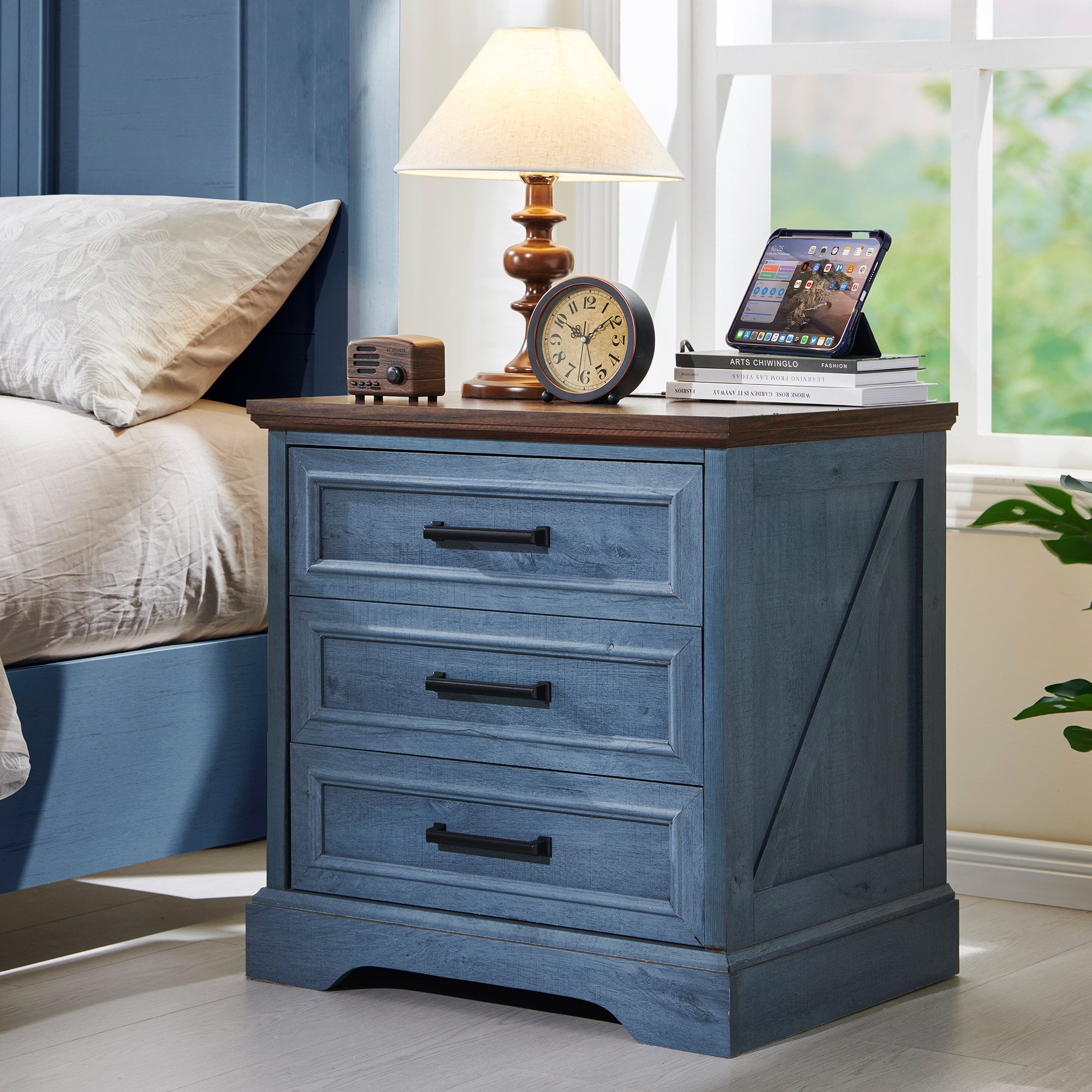 ACCOHOHO 3 Drawer Nightstand Set of 2 with Charging Station - Farmhouse End Tables, Rustic Side Tables for Bedroom & Living Room, Blue