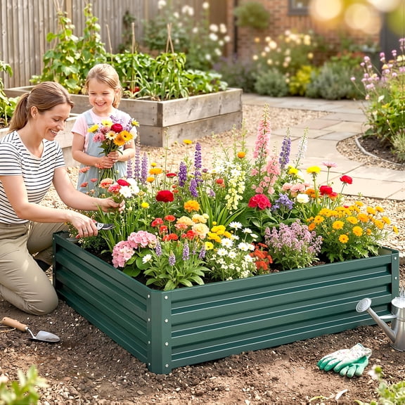 Outsunny 4' x 4' x 1' Galvanized Raised Garden Bed, Planter Raised Bed with Steel Frame for Vegetables, Flowers, Plants and Herbs, Green