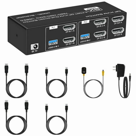 8K DP KVM Switch for 2 Computers USB 3.0 in Out and 4 Port Mouse Keyboad Monitor US Plug