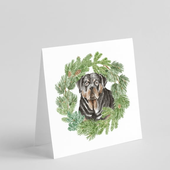 Rottweiler with Christmas Wreath Square Greeting Cards and Envelopes Pack of 8 5 in x 5 in