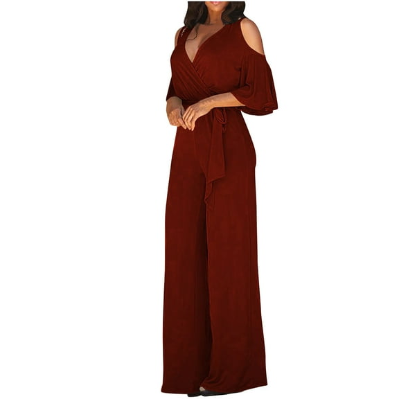 Jumpsuits for Women Casual,Rompers for Women,Strapless Color Block Botton Off The Shoulder Long Sleeve Jumpsuit Wide Leg Pants Rompers,Pants for Women