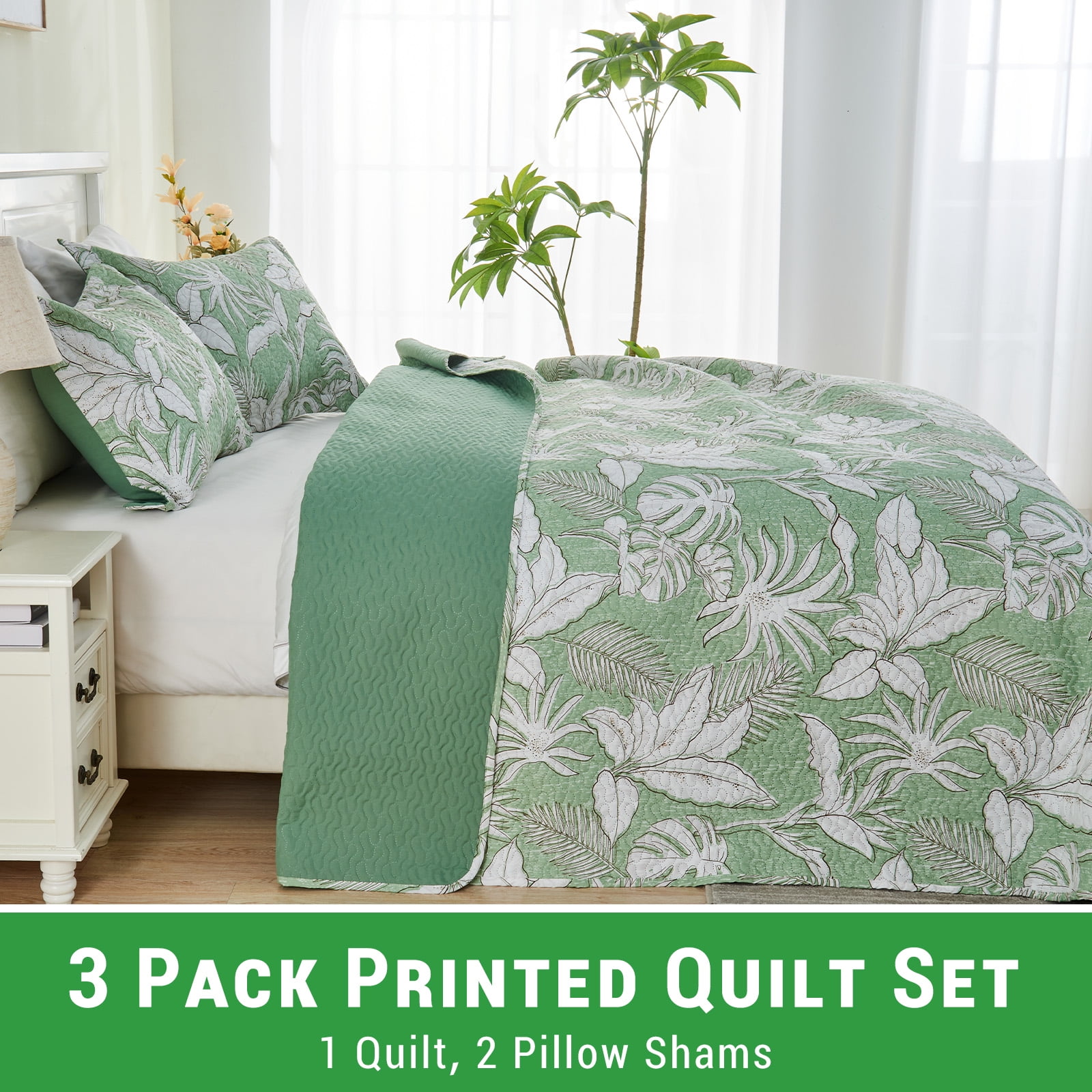 Gogreen Luxury Printed Quilt Set Queen Size, Lightweight Comforter Set, Oversized Bedspread Coverlet Quilted Bedding Set, with 2 Matching Pillowcases, for All Season