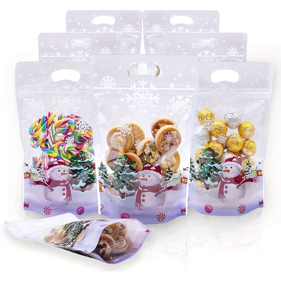 IFREE 10/30/60PCS Clear Christmas Bags with Snowman and Cookie Designs-Plastic Sealing Bags with Handles