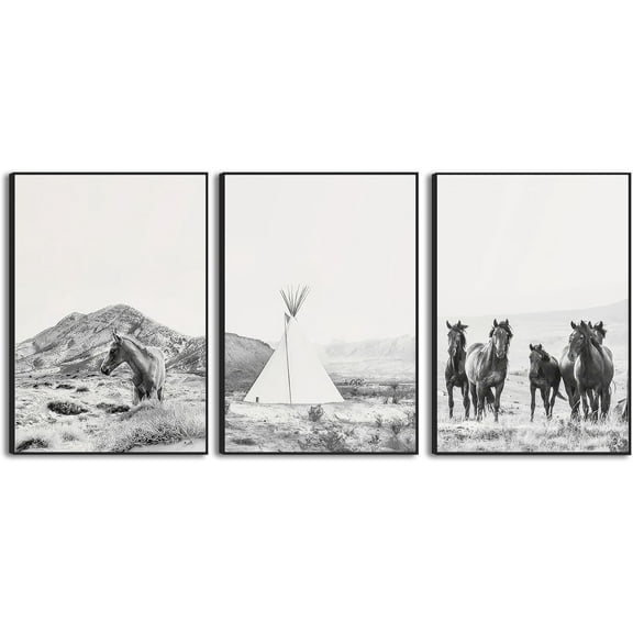 FCCUYE Western Wall Decor, Horse Wall Art, Southwestern Canvas Picture Poster Set Of 3,Black and White Desert Painting Prints,Wild Horse Room Decor for Bedroom Living Room d 16x24 Inch
