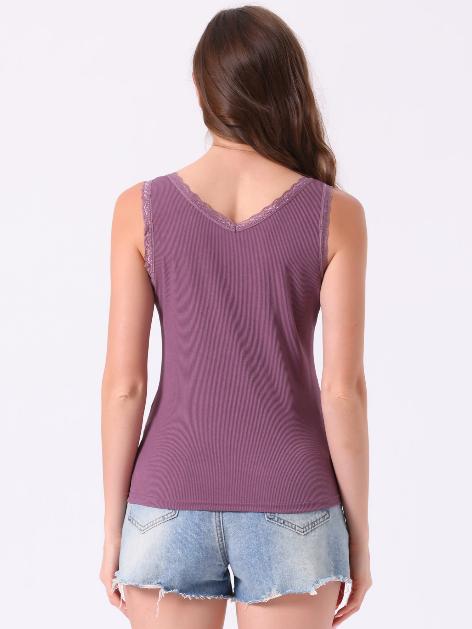 DARING DIVA Lace Trim Tank V Neck Sleeveless Undershirt M Purple