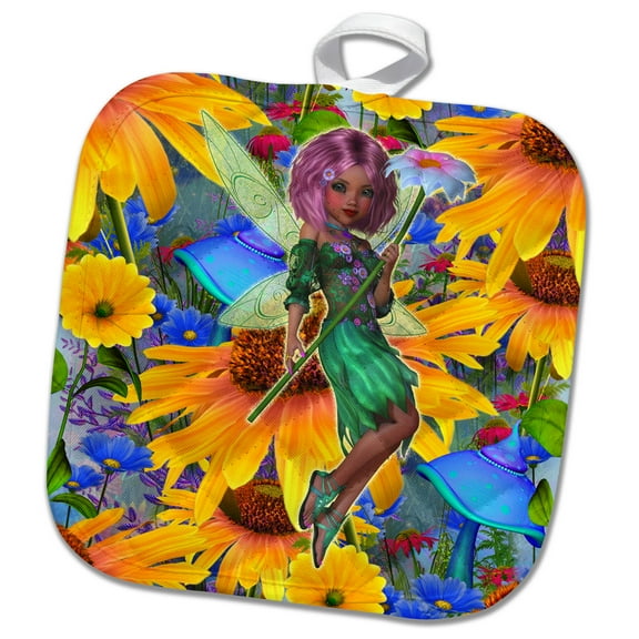 3dRose, Sunflower garden and magical winged fairy, 8x8 Potholder
