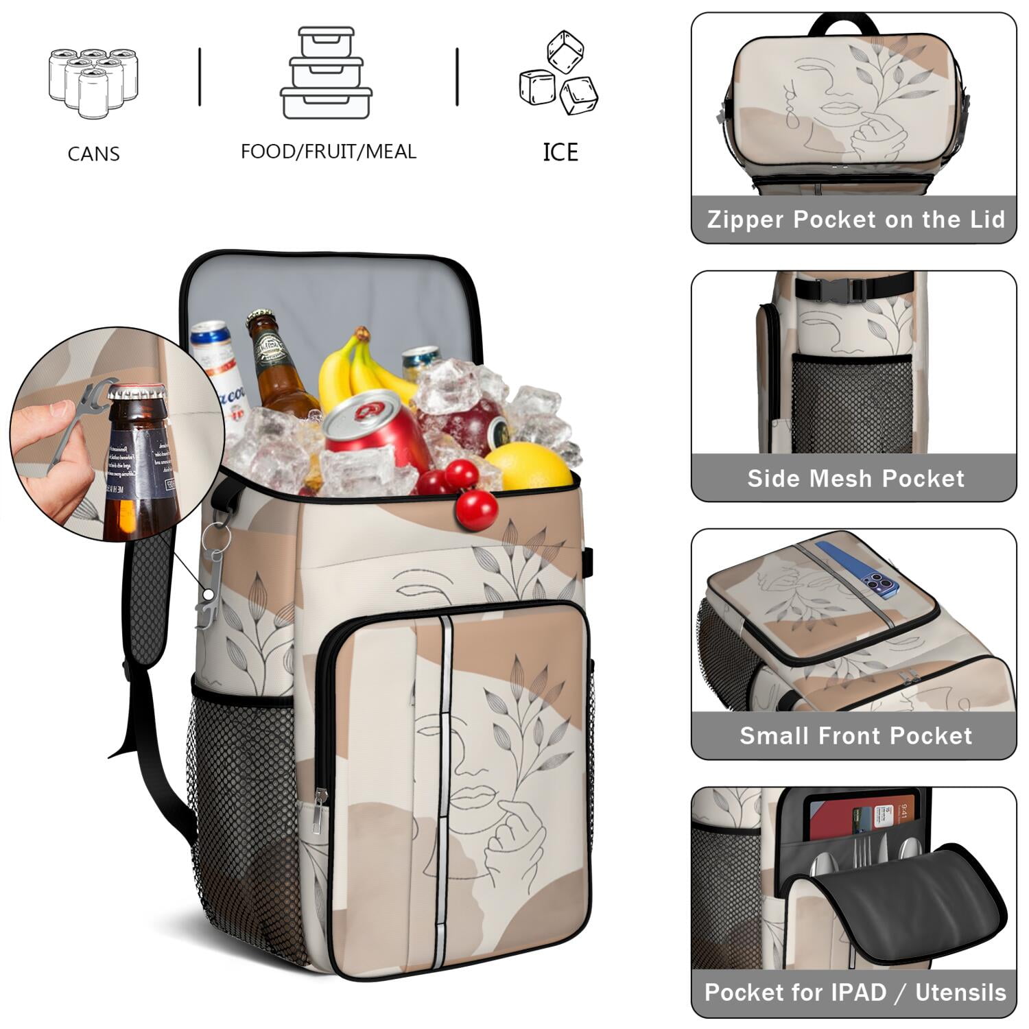 Travel Cooler Bag - Boho Bohemian Art Camping Beer Cooler Backpack with Bottle Opener- Waterproof Insulated Picnic Backpacks - Cooler Bag for Beach