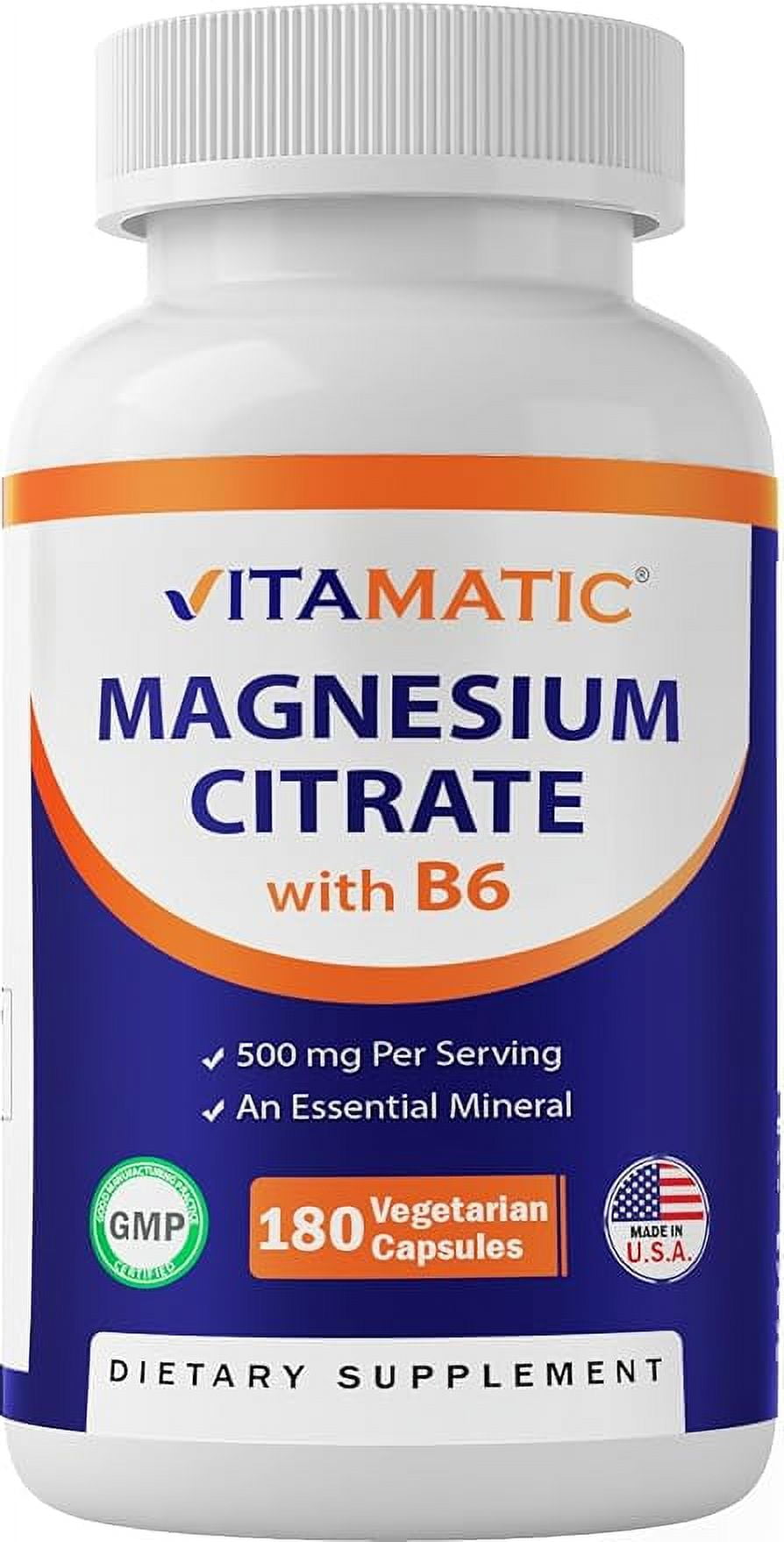 Vitamatic Magnesium Citrate 500mg per Serving - 180 Vegetarian Capsules (Provides 150 mg of Elemental Magnesium) - Added B6 for Maximum Absorption - Supports Muscle, Joint, and Heart Health*