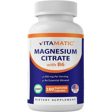 Vitamatic Magnesium Citrate 500mg per Serving - 180 Vegetarian Capsules (Provides 150 mg of Elemental Magnesium) - Added B6 for Maximum Absorption - Supports Muscle, Joint, and Heart Health*