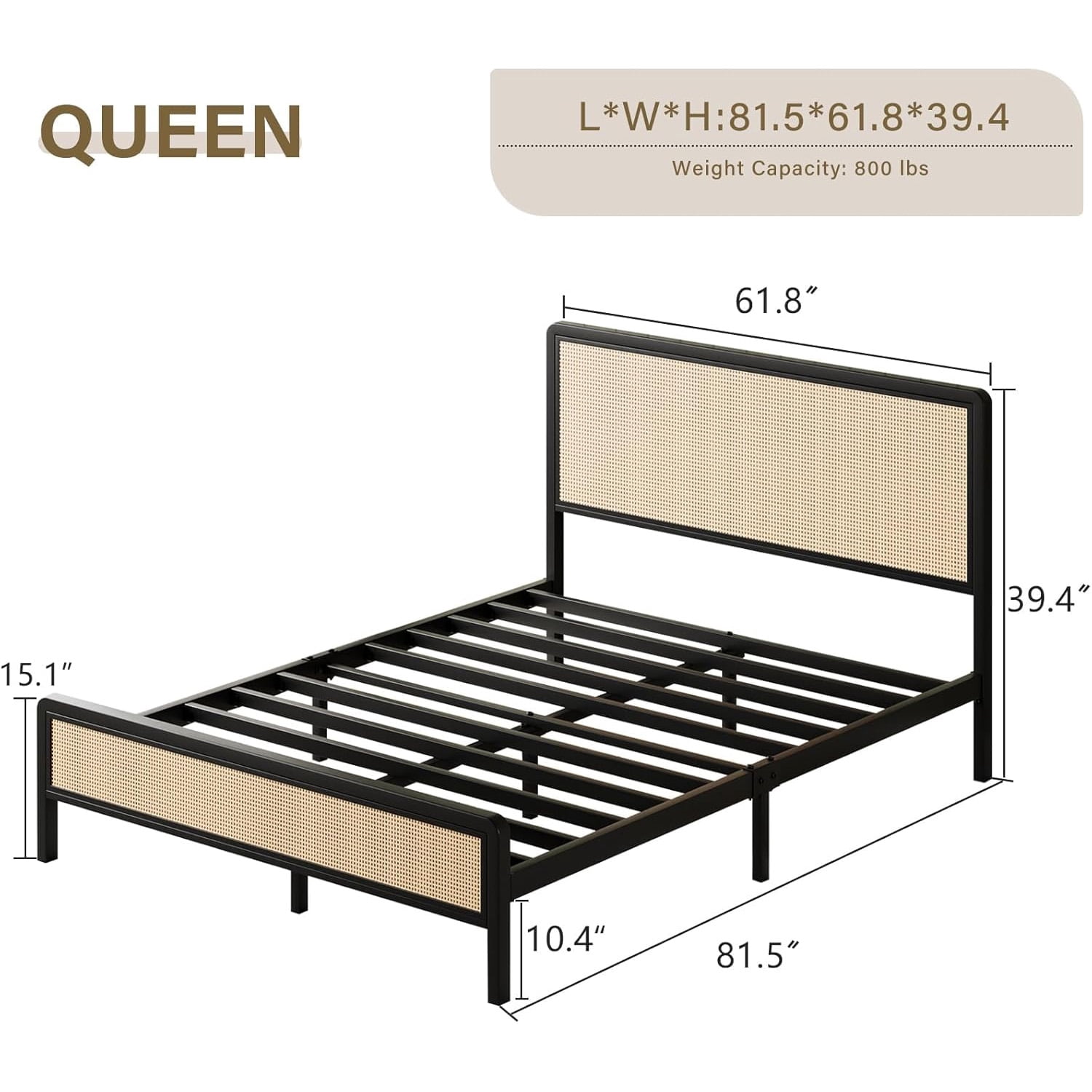 4 EVER WINNER Queen Size Bed Frame, Rattan Bed Frame with Natural Rattan Headboard and Footboard, No Box Spring Needed, Black
