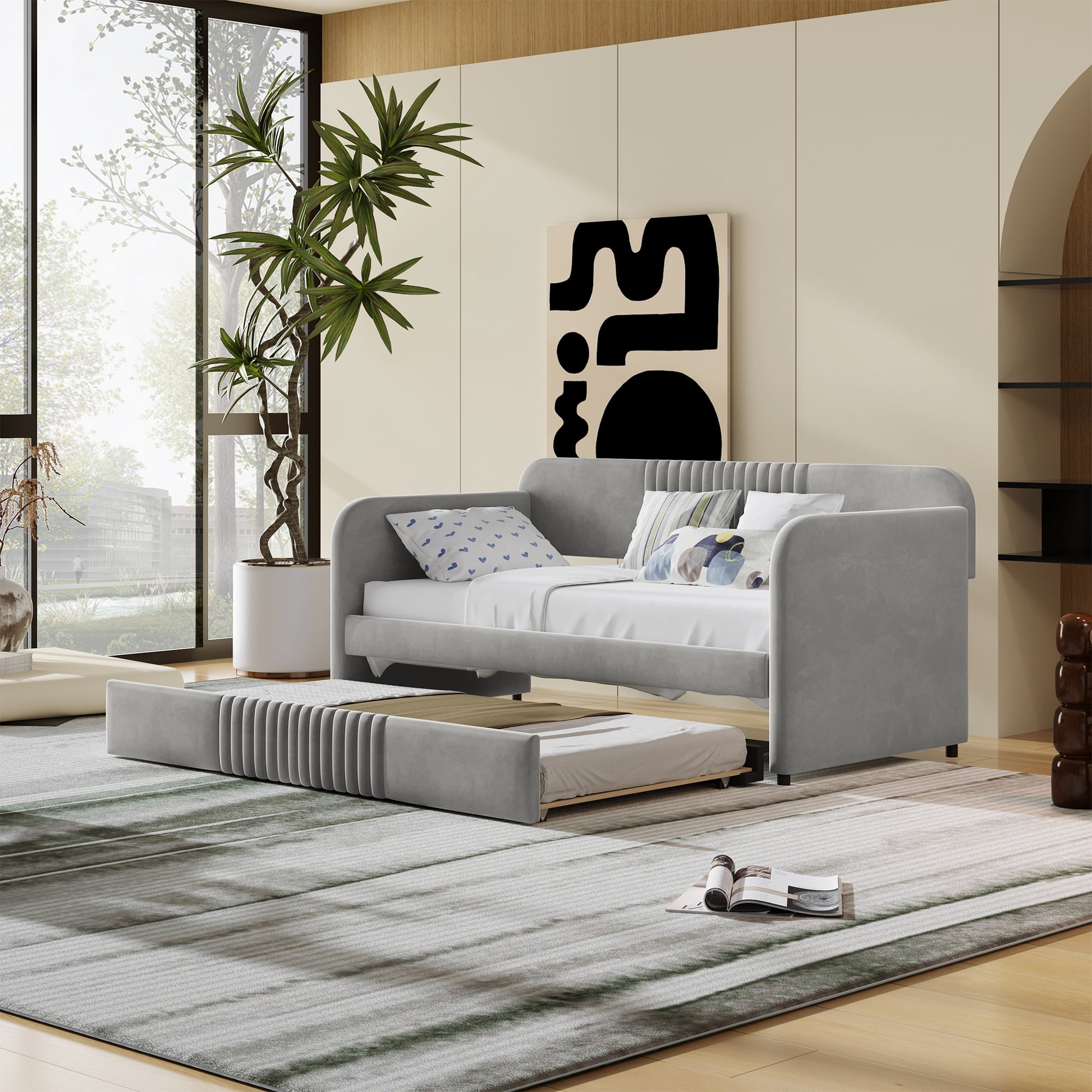 Sailvan Upholstered Daybed Sofa Bed Twin Size With Trundle Bed and Wood Slat