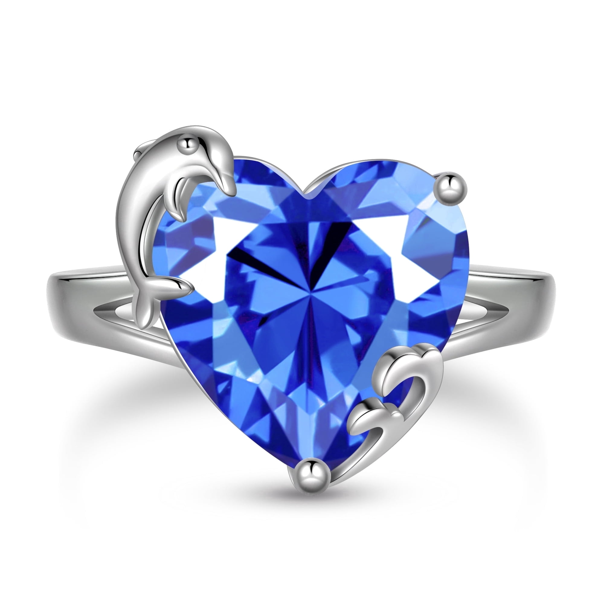 Juwaliy Women Heart Ring 925 Sterling Silver Dolphin December Birthstone Tanzanite Blue Solitaire Ring Jewelry Mom Christmas Birthday Gift