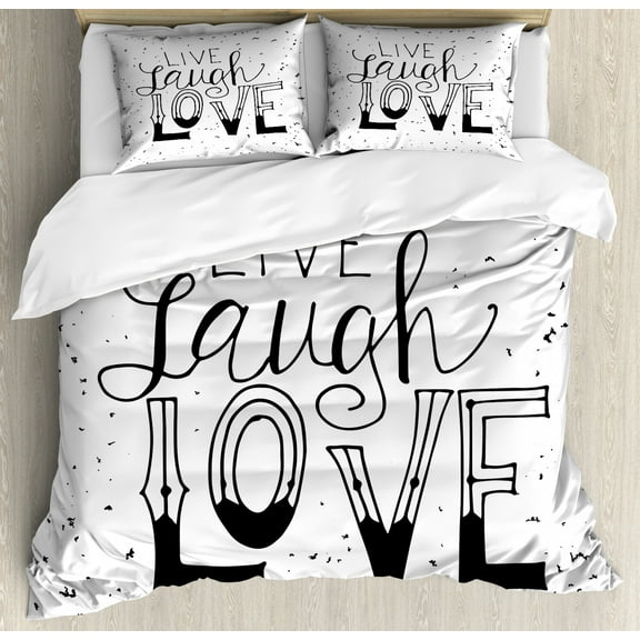 Live Laugh Love Duvet Cover Set King Size, Quote Hand Drawn Style Typographical Artistic Design Positive Hipster, Decorative 3 Piece Bedding Set with 2 Pillow Shams, Black and White, by Ambesonne