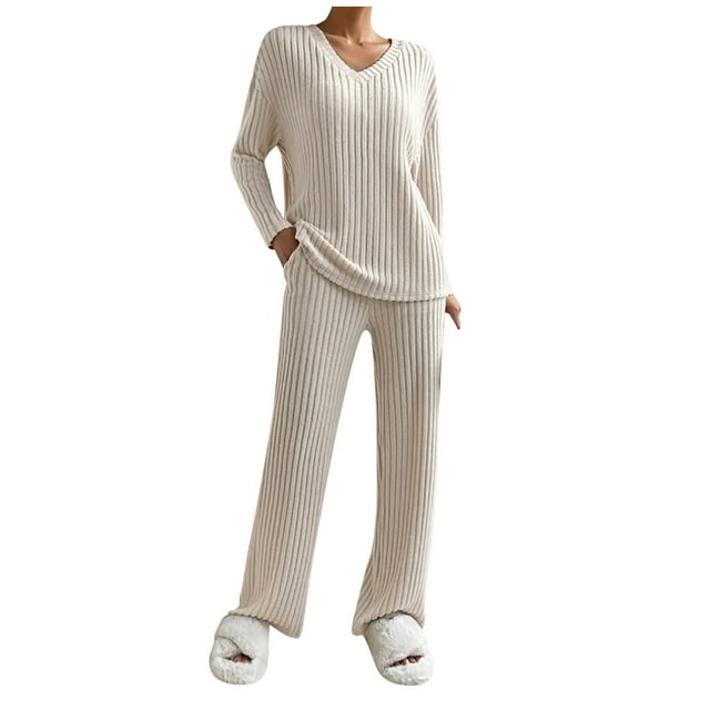 Conjunto de dos piezas de otoño-invierno para mujer: jersey de punto y pantalones anchos, traje informal holgado de color liso para el día a día o para fiestas