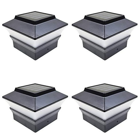 Solar Deck Cap Lights 4 Pack Black Outdoor Garden 4 x 4 Solar LED Post Deck Cap Square Fence Light Landscape Lamp Lawn Wood ()