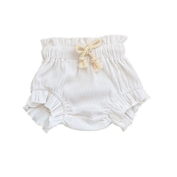 Byoo Newborn Girl's Ribbed Ruffle Bloomers Elastic Drawstring Loose Fit Casual Playwear Shorts,White