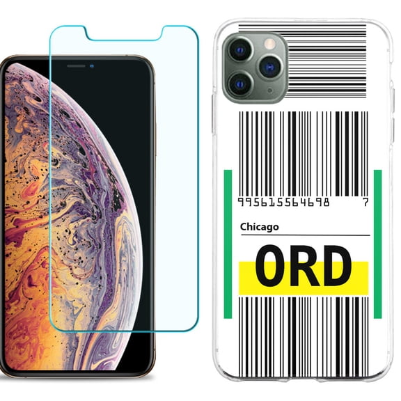 For Apple iPhone 11 Pro Max Phone Case , Slim-Fit TPU Case with Tempered Glass Screen Protector, by OneToughShield ® - Airport Tag / Chicago